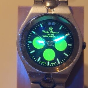 🦋10/$20🦋 Vtg Charles Raymond Goldtone/Silver/Green Rhinestone Women's Watch